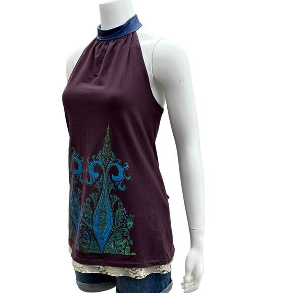 Fresh Karma Boho Halter Top Purple Blue baroque Print Sequin Hem Size Small - Picture 5 of 9